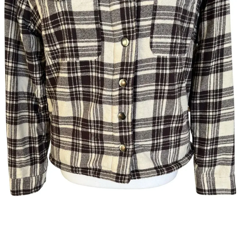 Lucky Brand Women's Jacket Shacket Size Small Sherpa Lined Crop Snaps Plaid